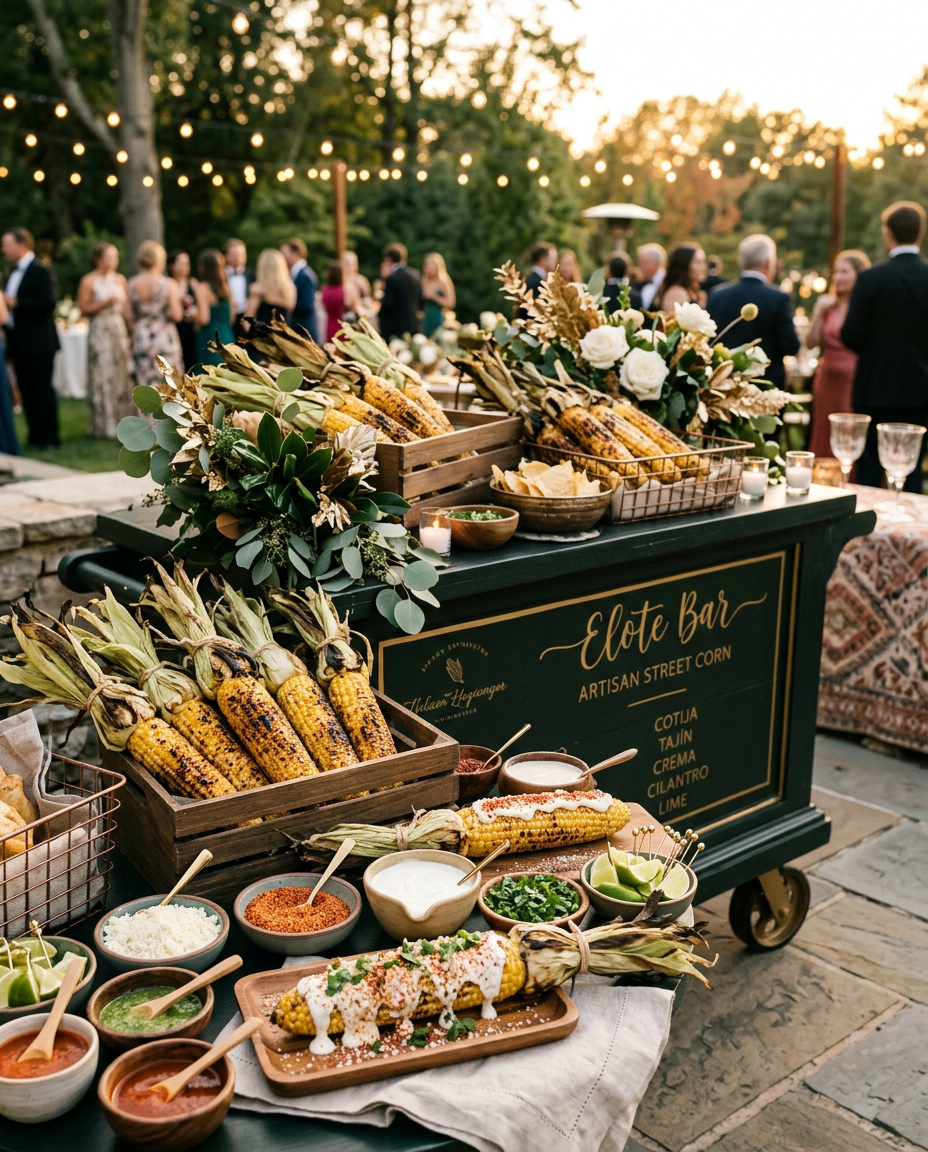 Elote bar with grilled corn, cheese and warm spices at a luxury event