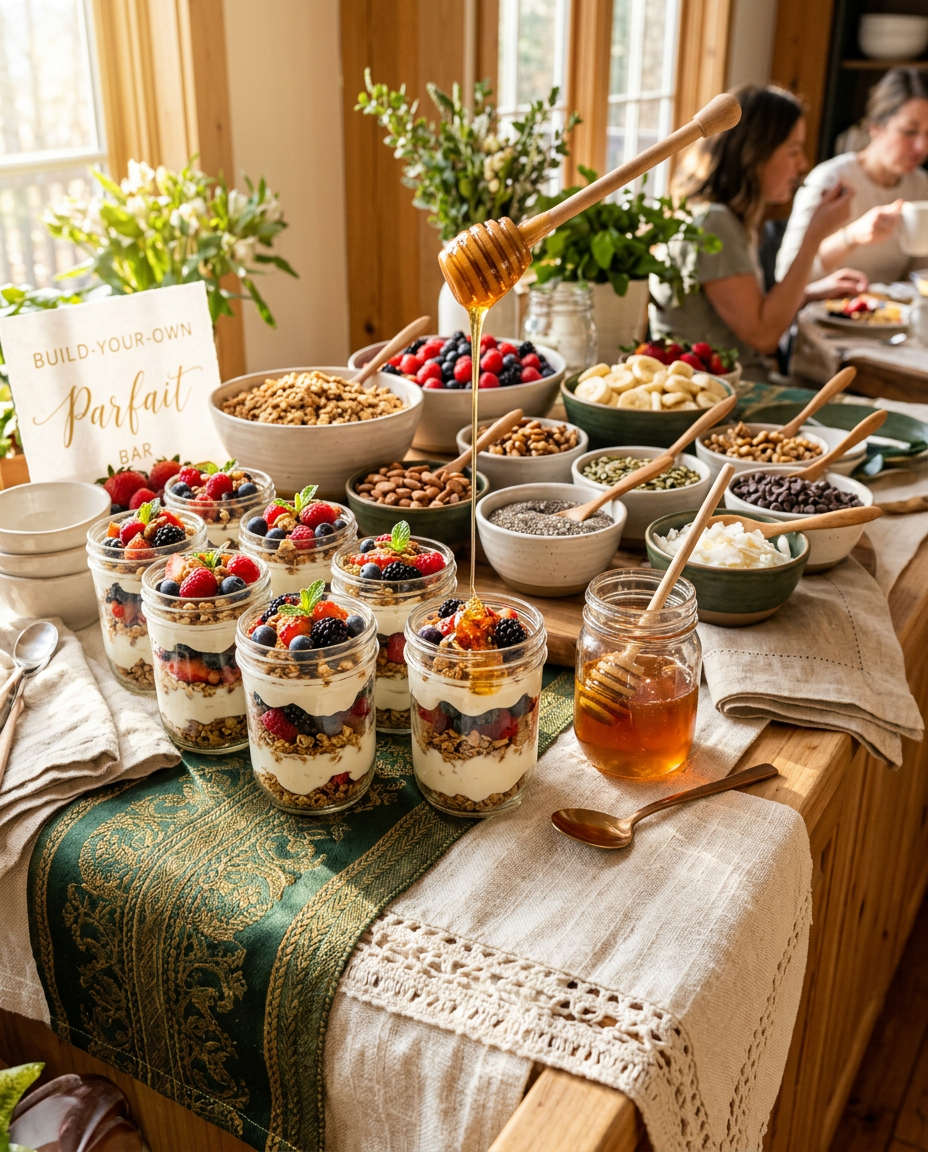 Yogurt and granola parfait bar with berries and honey