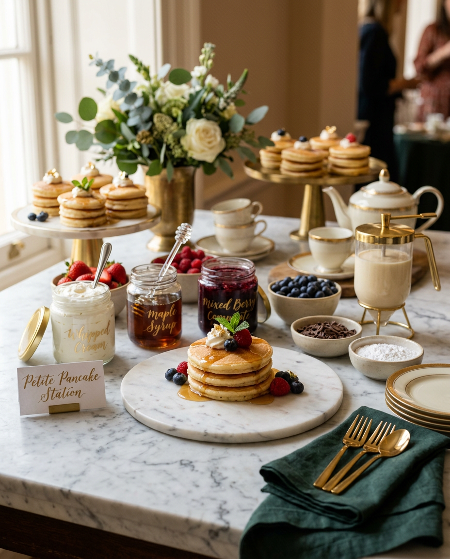 Petite pancake stacks with syrup and berries on a styled station