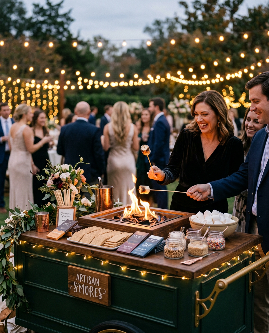 Artisan s'mores cart with toasting marshmallows and string lights