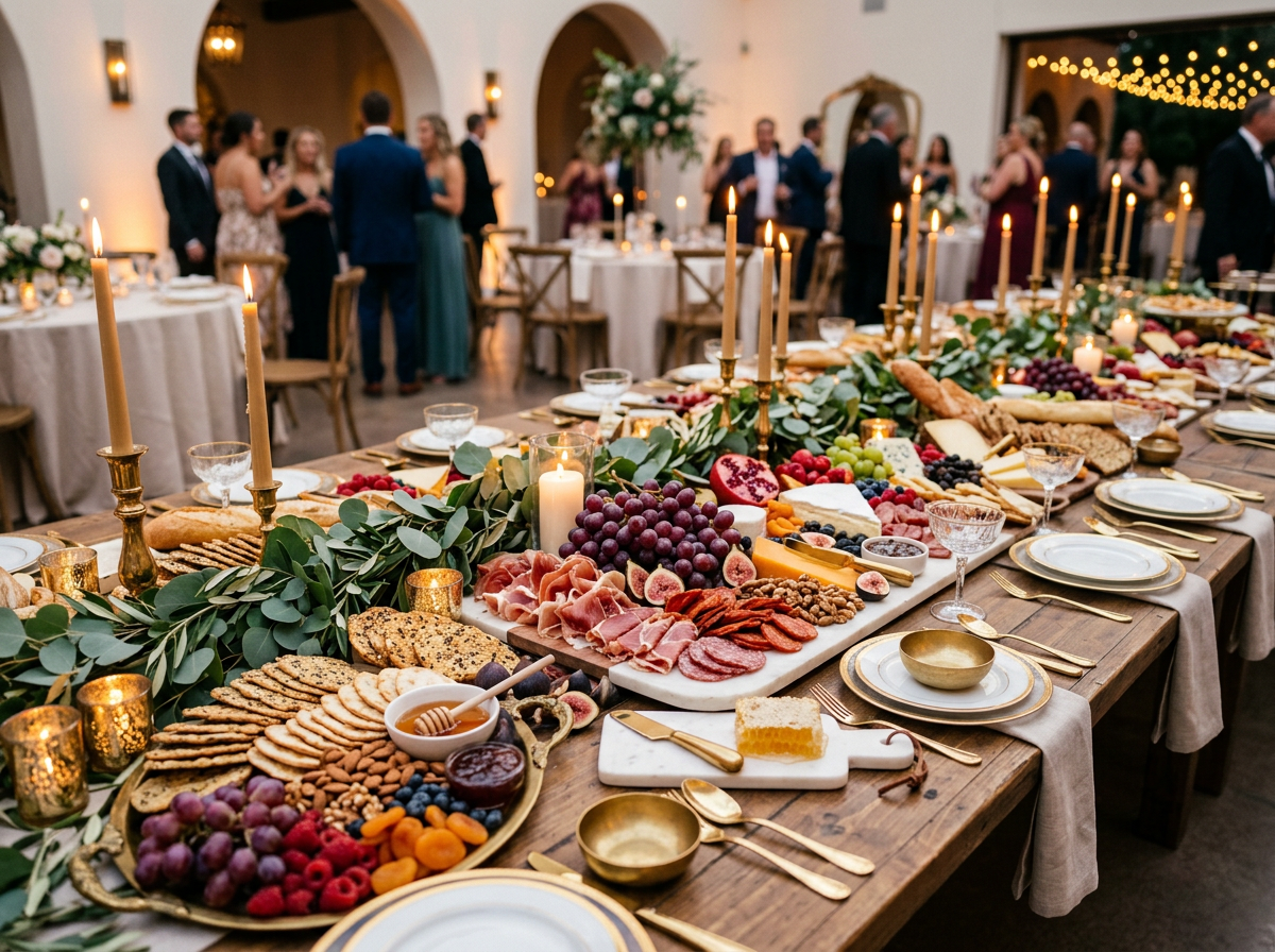 Lavish charcuterie grazing tablescape styled with greenery and candlelight