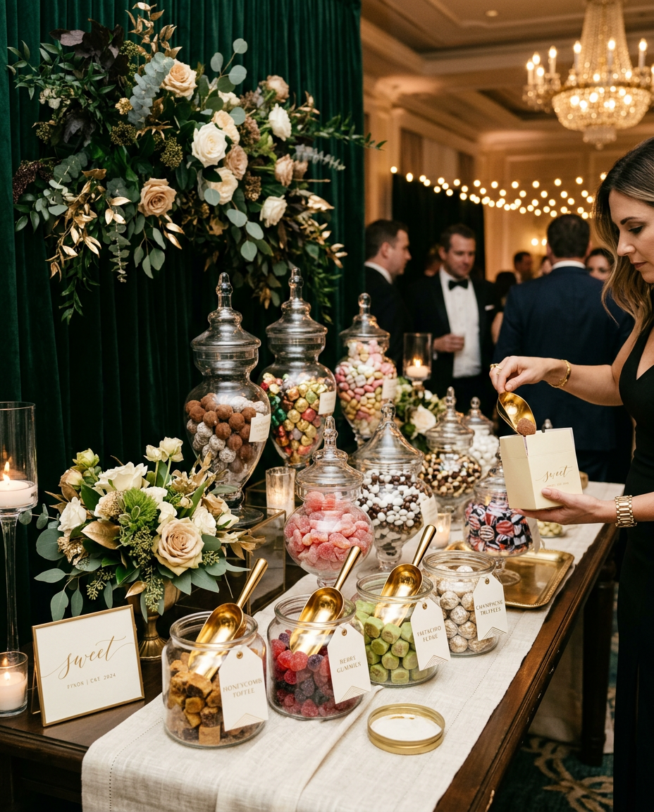 Gourmet candy bar with apothecary jars and gold scoops