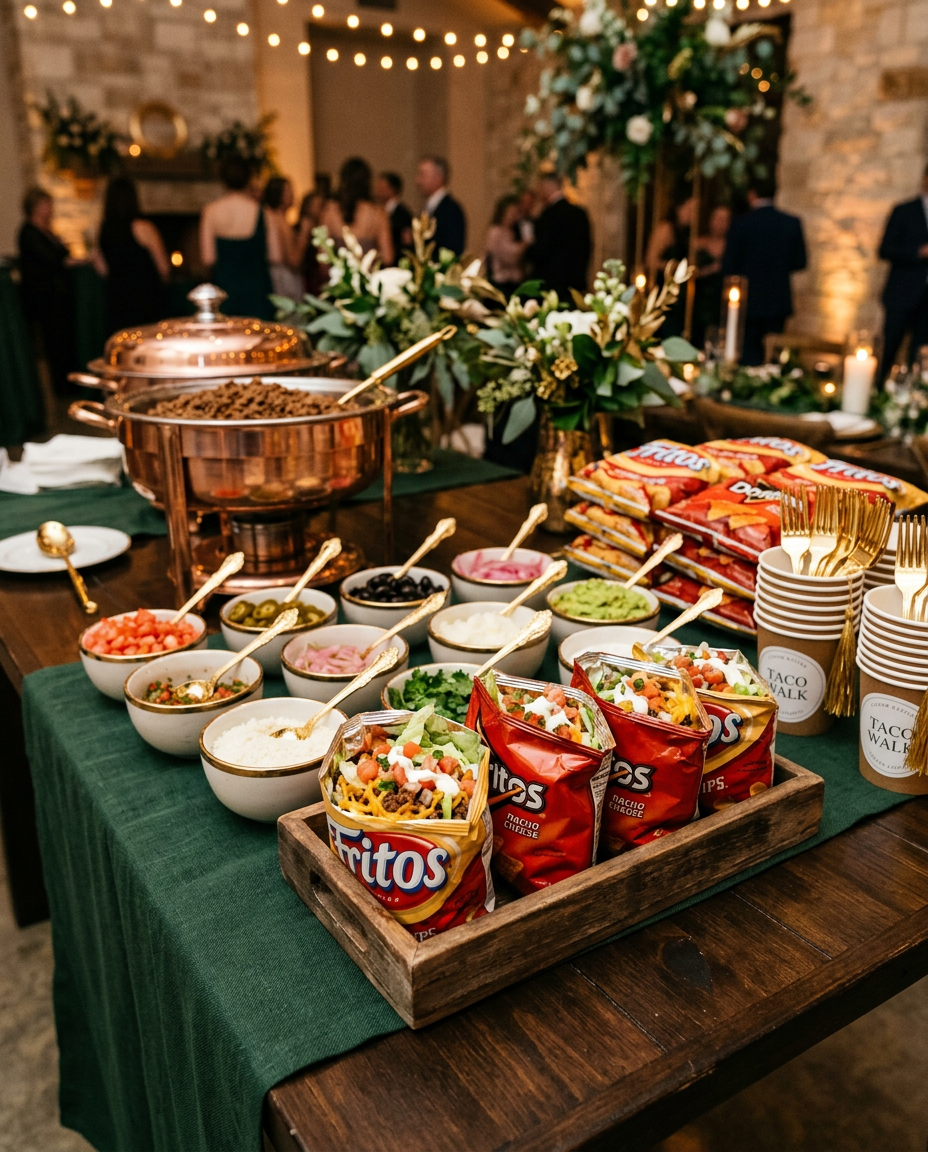 Walking taco bar with toppings and bowls at an upscale celebration