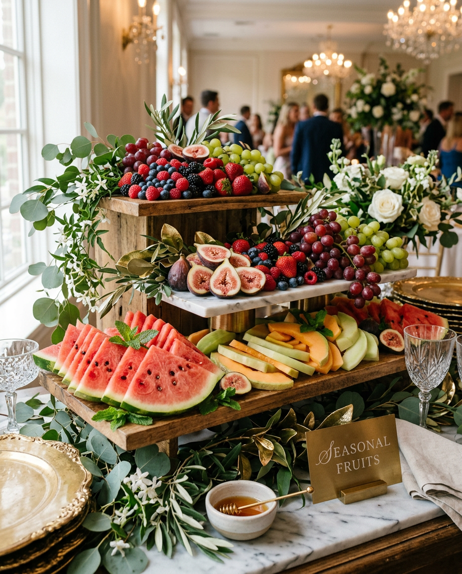 Fresh seasonal fruit display on tiered gold stands