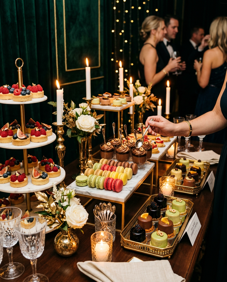 Gourmet dessert bar with tarts and macarons on marble risers